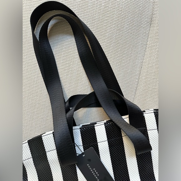 ZARA black & white striped woven tote bag NWT - Picture 5 of 10